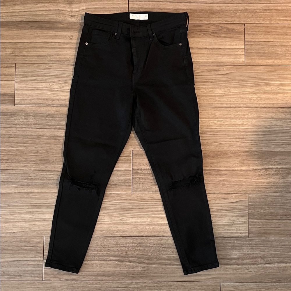 Topshop High Waist Ripped Knee Skinny Jeans | Black | Size 8
